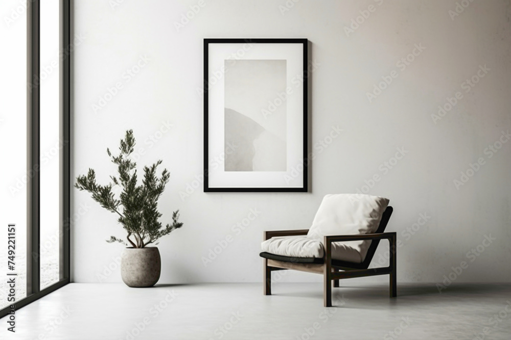 Minimalist living room with a lone chair, botanical touch, and an open frame inviting your creative input. - obrazy, fototapety, plakaty 