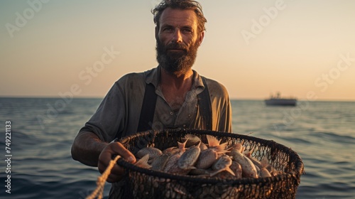 The fisherman catches fish in the sea. Hard work. Fishing net, boat, sea, fish. photo