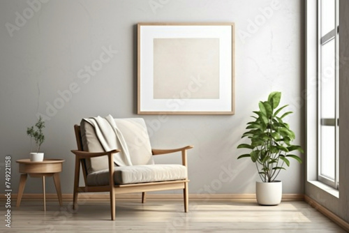 Find solace in the simplicity of a beige living room with a wooden chair, a flourishing plant, and an empty frame poised for your expression. © Osman