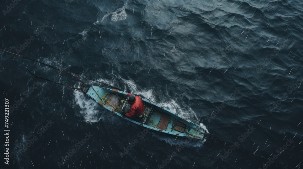 Fototapeta premium Fishing boat top view. The fisherman catches fish in the sea. Hard work. Fishing net, boat, sea, fish.
