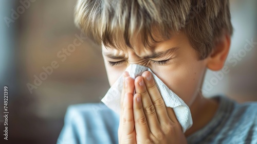 a boy sneezing into a paper tissue. allergies, hay fever, colds, Spring allergies, and getting sick concept. photo