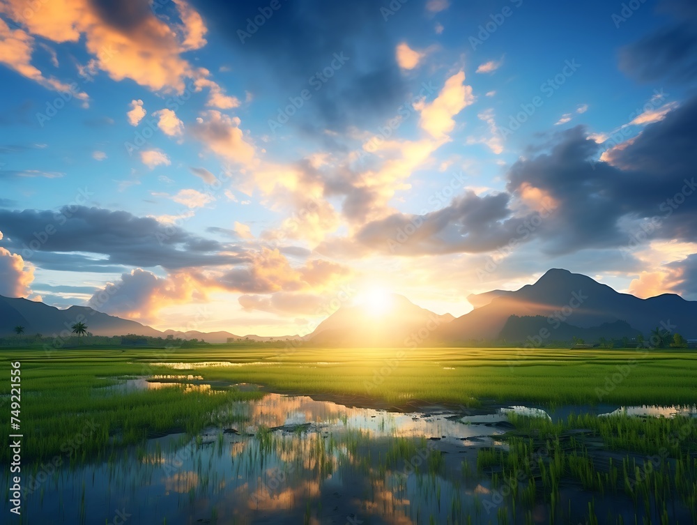Sunset over the rice field with mountains in the background and reflection