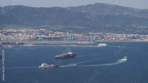 Algeciras port seen from the Rock of Gibraltar with ships entering and leaving