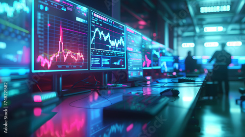 Financial Analysts and Stock Market Monitors with trading floor environment.
