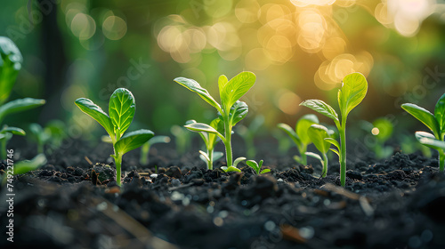 A row of young green plants growing in soil, with a blurred green background and bokeh effect.