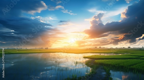 Sunset over the rice field with mountains in the background and reflection