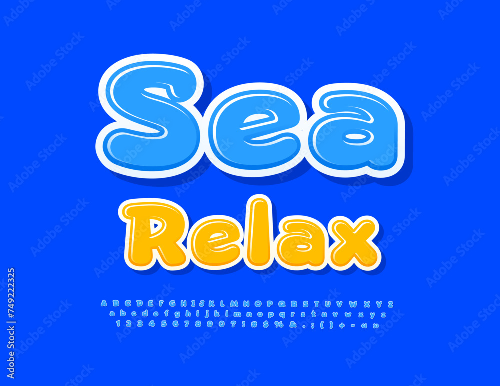 Vector touristic Flyer Sea Relax. Creative Blue Font. Bright Modern Alphabet Letters and Numbers set. Vector touristic Flyer Sea Relax. Creative Blue Font. Bright Modern Alphabet Letters and Numbers set.