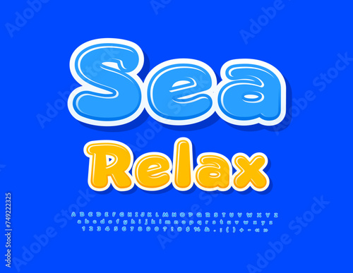Vector touristic Flyer Sea Relax. Creative Blue Font. Bright Modern Alphabet Letters and Numbers set.