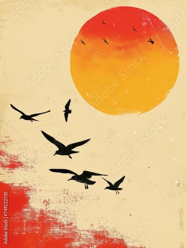 A painting depicting a flock of birds soaring through the sky against the backdrop of a vibrant sunset, showcasing the beauty of nature in motion.