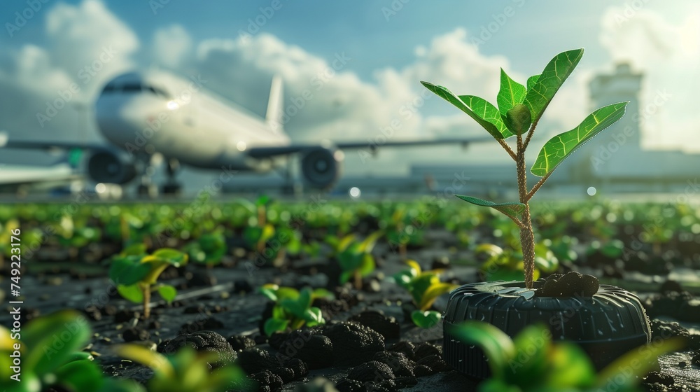 Conceptual image of green, eco-friendly fuel for aviation, symbolizing ...