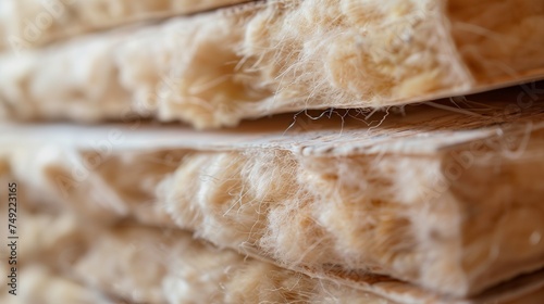 High-quality mineral wool batts, showcasing their fibrous texture and density, ideal for thermal and acoustic insulation in residential construction. photo