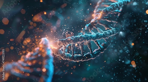 An illustration of CRISPR-Cas9 gene editing technology showing molecular structures and DNA strands, representing advanced biotechnology for genetic engineering and medical research. © TensorSpark