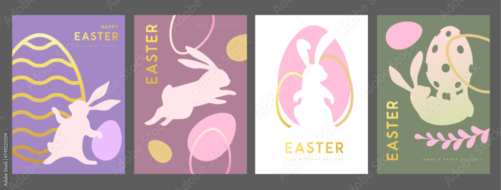 Set of holiday flat Easter posters with rabbit silhouette, Easter eggs and willow branch. Vector illustration Set of holiday flat Easter posters with rabbit silhouette, Easter eggs and willow branch. Vector illustration
