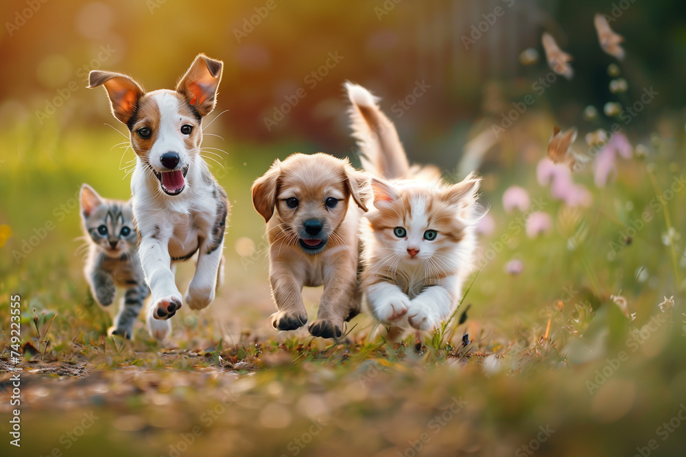 Cute funny dog and cat group jumps and running and happily a field blurred background Cute funny dog and cat group jumps and running and happily a field blurred background