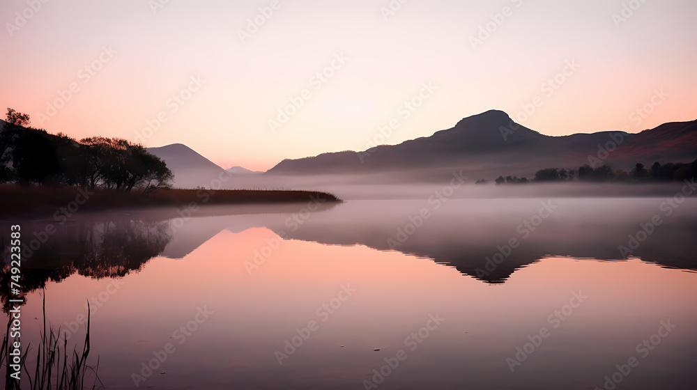 Generative AI, Dawn's Reflection: Serene Lake Amidst Mountains in Pink and Orange Hues