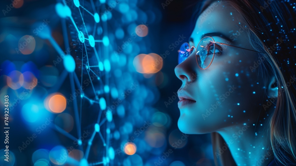 IT woman specialist working with AI algorithms. looking at the digital hologram. Digital network technology concept. IT woman specialist working with AI algorithms. looking at the digital hologram. Digital network technology concept.