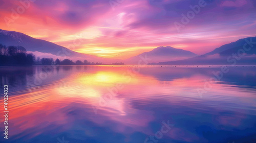 A spring sunrise painting the sky in hues of pink, orange, and purple, reflected in the calm waters of a lake