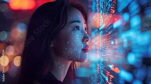 IT woman specialist working with AI algorithms. looking at the digital hologram. Digital network technology concept.