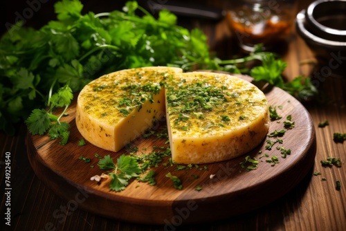 Aromatic cheese with cumin on rustic wooden table, perfect for food photography and recipes