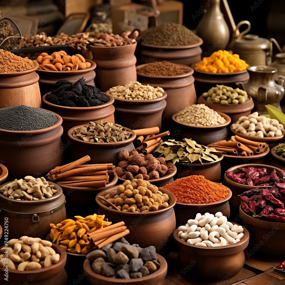 Spices and herbs in metal bowls over wooden background Spices and herbs in metal bowls over wooden background
