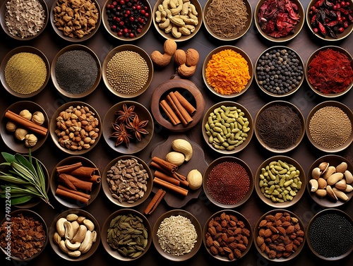 Spices and herbs in bowls on black background