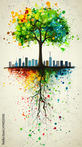 Illustration d'un arbre majestueux au feuillage multicolore prenant ses racines dans une ville photo