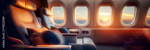 Airplane seat and window. First class business luxury seats for vacations or corporate airplane travel.