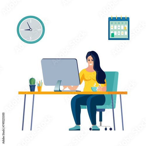 Work at home, Coworking, illustration concept. A young freelancer woman works at home on a computer monitor. People are isolated, self-employed. Active recreation, job.Vector, flat style business girl