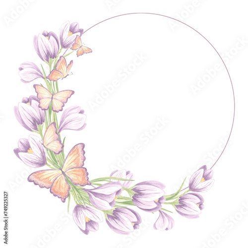 Round frame from crocus flowers with butterflies. Isolated hand drawn watercolor illustration. Floral spring wreath of saffron. Template with copy space for postcard of Mothers day  8 March  Easter.