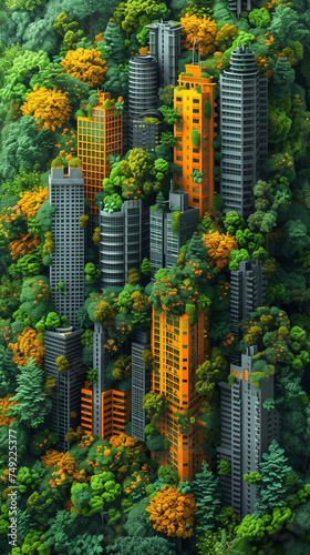 Vu du dessus en 3D montrant une ville moderne avec des immeubles au milieu d'une forêt dense, montrant l'harmonie entre étalement urbain et nature © Leopoldine