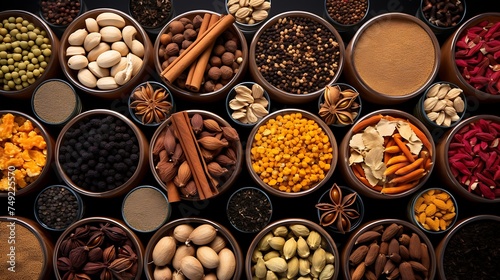 Spices and herbs in wooden bowls on black background, top view