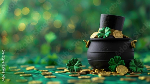 Realistic st. Patrick's day background. Green background with leprechauns cap and shamrocks. 