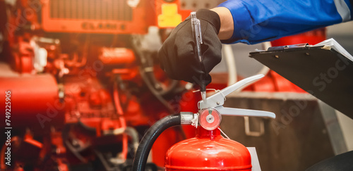 Engineer check fire extinguisher tank in the fire control room for safety in factory or industry.