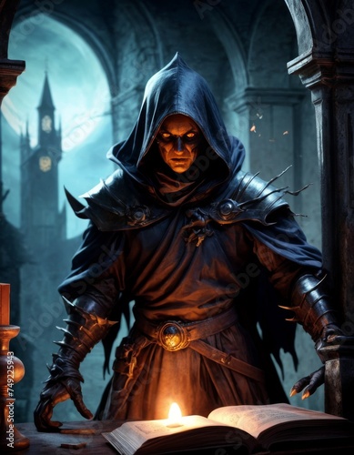 A cloaked figure stands in a candlelit library, an ancient tome open before them. The mysterious ambiance is palpable, hinting at arcane knowledge and forbidden secrets.