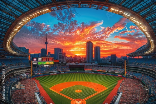 Watching a baseball game at stadium crowd from far away professional photography