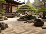 Raked sand, bonsai trees, and tranquility in a Japanese garden background.