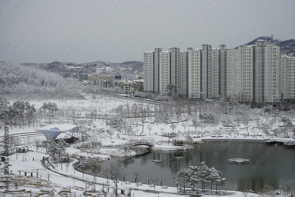 Fototapeta premium 밤새 흰눈이 내린 겨울 도시풍경입니다