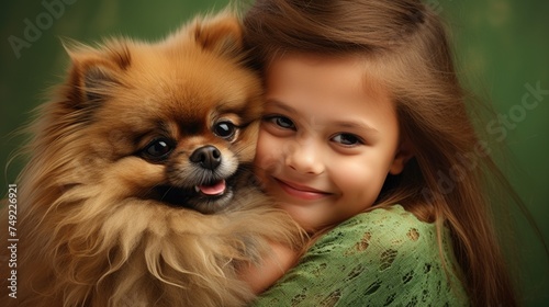 Banner with girl with Pomeranian on blue background  © StasySin