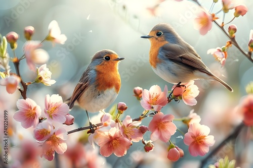 Two beautiful birds sitting on  flowering branch, A pair of exquisite birds perched on a blossoming branch, yellow and blue bird, On the branch with spring flowers, garden birds. © Adnan