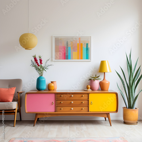 70s Vintage Retro, Pink, and Brown wood Scandinavian sideboard, colorful, pink, yellow, lamp shade, white wall, empty wall, grey armchair, modern rug, white wall, decorations, commode, mockup, plant
