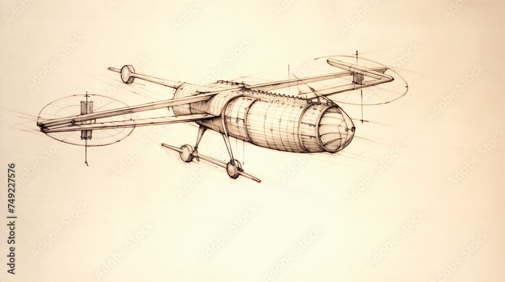 Abstract drawing illustrates ancient machine. Technical sketch reveals old mechanism.