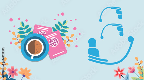 passport desk with passports, flowers and headphones for communication, migration service operator desk. Travel style illustration