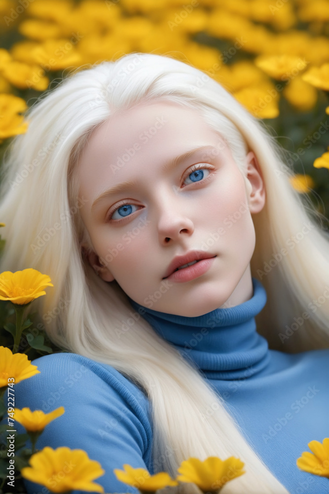 A beautiful albino young woman lying in a majestic yellow flowerbed A beautiful albino young woman lying in a majestic yellow flowerbed