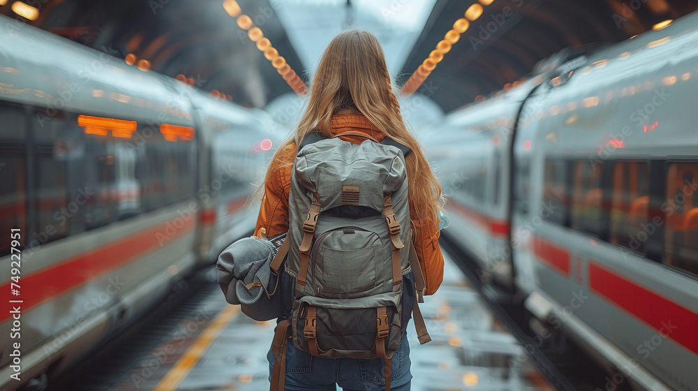 A girl with a backpack stands on the platform near the train