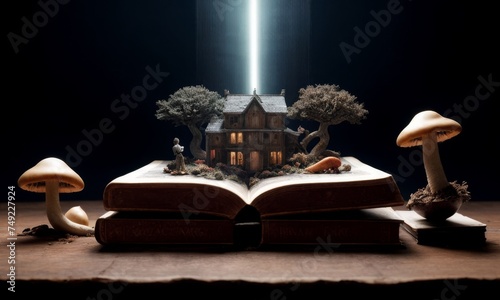 A miniature house nestled in an open book under a beam of light, creating a whimsical storybook scene. Surrounding mushrooms and trees add to the charm of this tiny, imagined world.