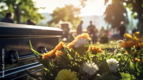 Flowers on a coffin in a cemetery at a funeral. Commemoration, death, memories. 