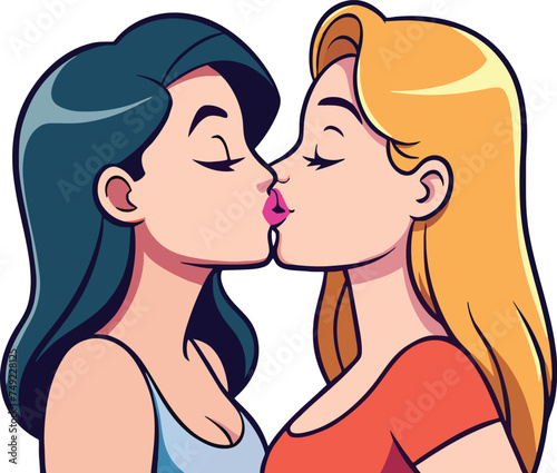 Cartoon female friends sharing a gentle kiss