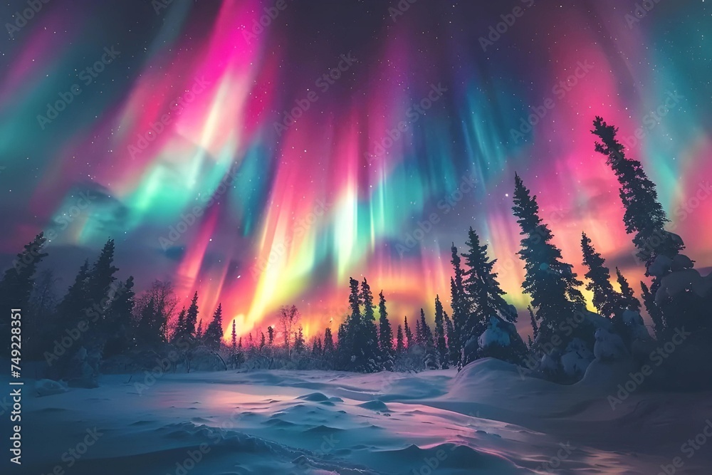 Witness the breathtaking phenomenon of the northern lights as vivid colors dance in the sky over a snowy pine forest.