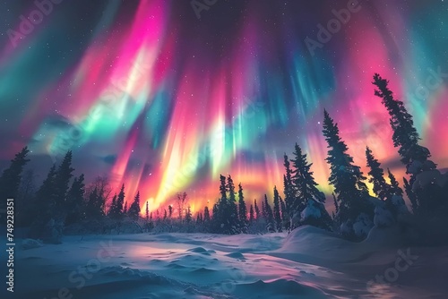 Witness the breathtaking phenomenon of the northern lights as vivid colors dance in the sky over a snowy pine forest.