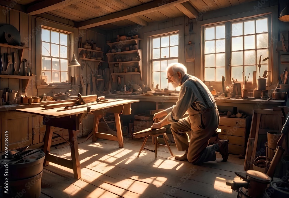 an elderly man, a carpenter, working in his workshop. an elderly man, a carpenter, working in his workshop.